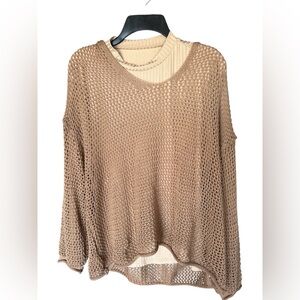 Cozy Tan Knit Sweater with long sleeve under shirt and hoodie